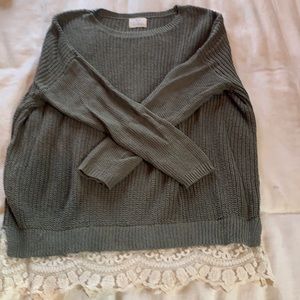 Olive green sweater with cream, lace trim